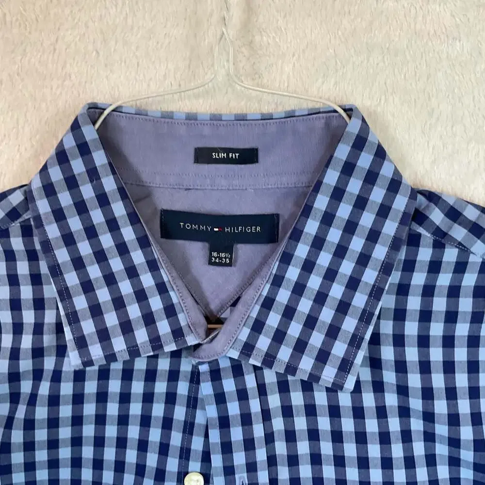 Tommy Hilfiger Men's Blue Gingham Slim Fit Long Sleeve Dress Shirt 16-16.5 34-35